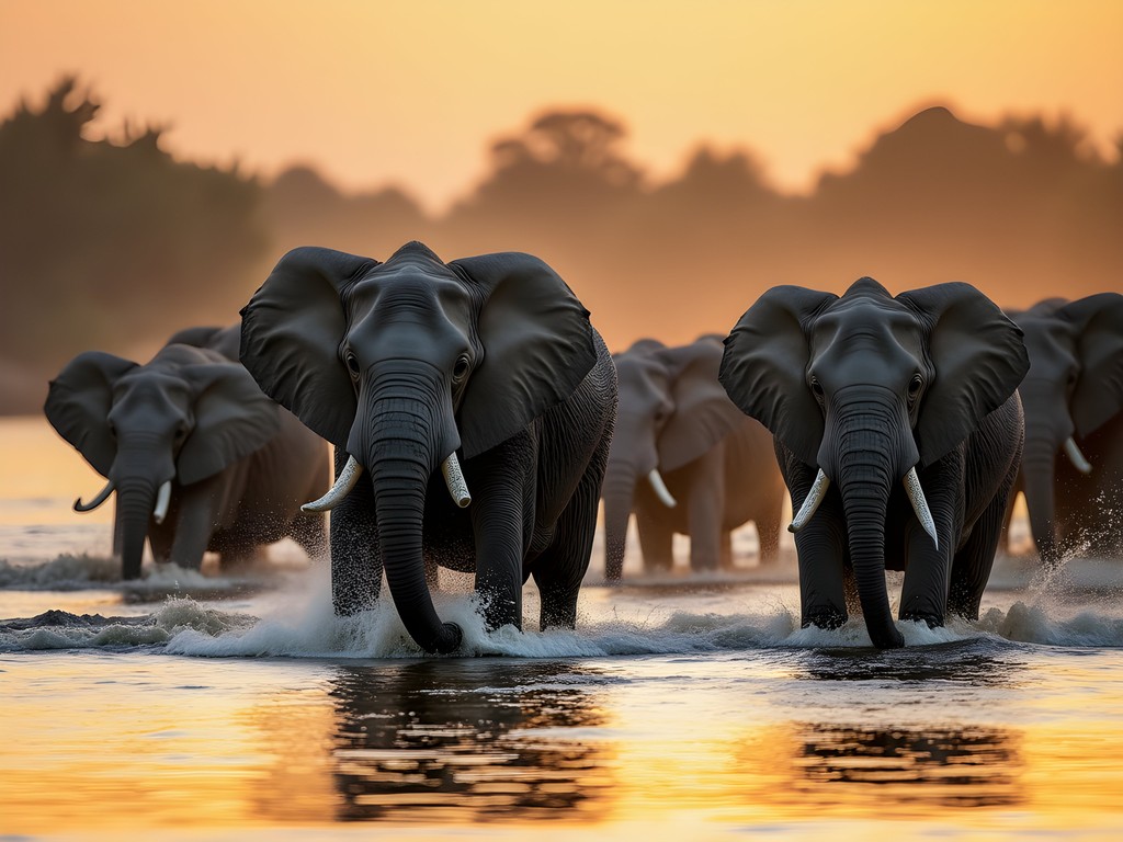 Elephant herd crossing Chobe River with calves during luxury safari in Kasane