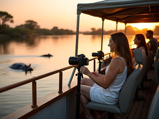 Luxury photographic safari boat on Chobe River with specialized camera equipment in Kasane