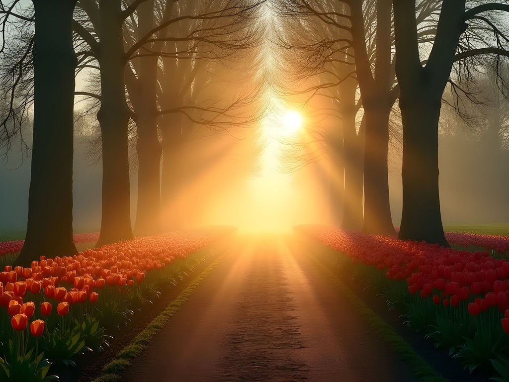 Misty morning light filtering through trees onto colorful tulip displays at Keukenhof Gardens