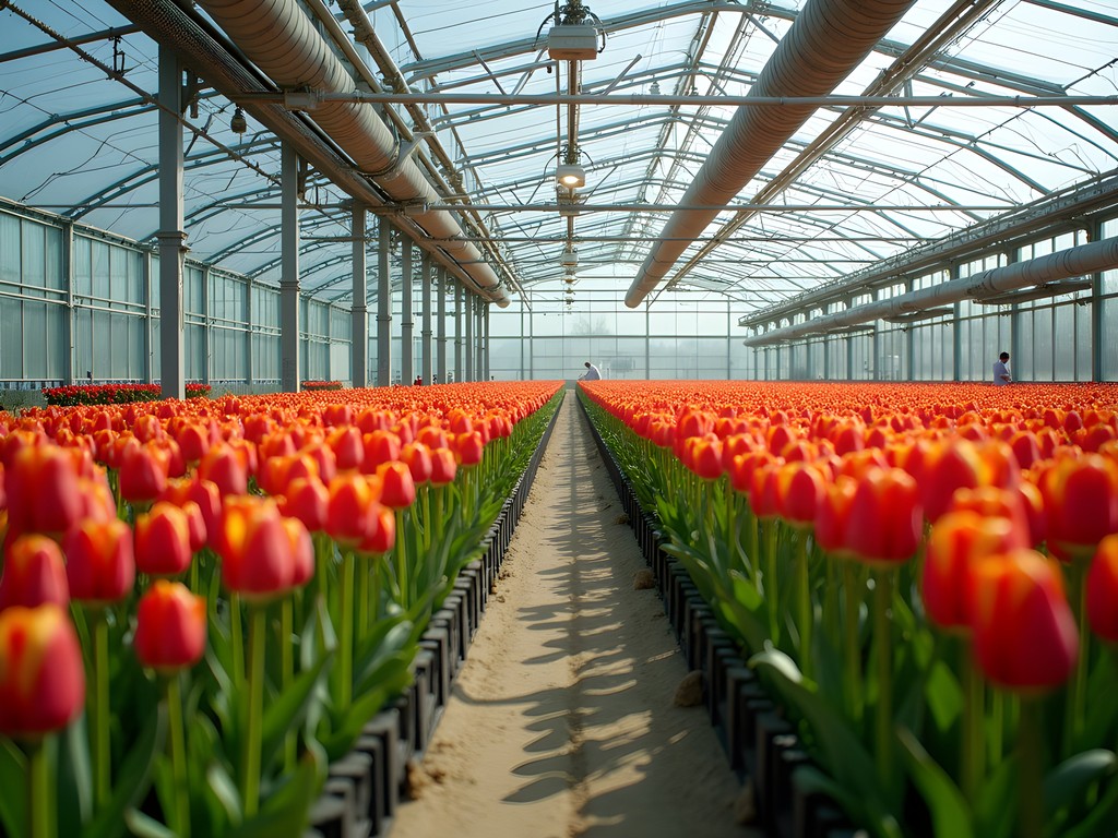 Behind the scenes view of Keukenhof's massive climate-controlled greenhouse with thousands of tulip bulbs being forced into bloom