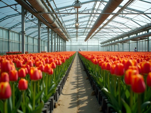 Behind the scenes view of Keukenhof's massive climate-controlled greenhouse with thousands of tulip bulbs being forced into bloom