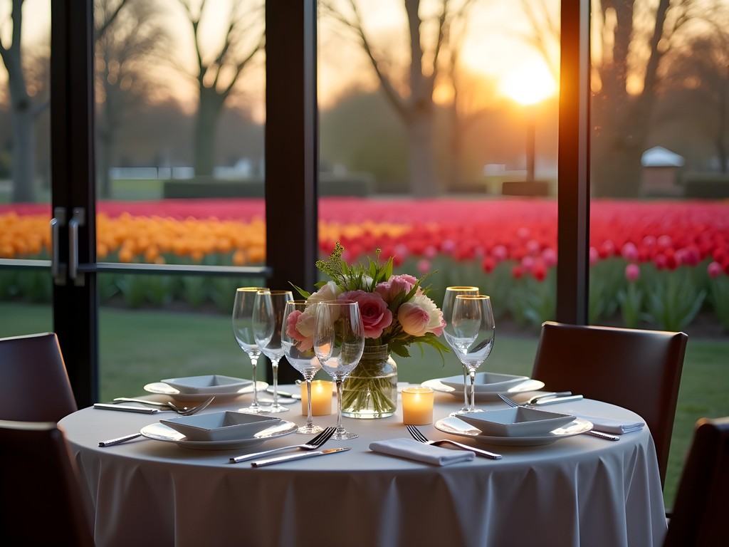 Elegant private dining table set in a glass pavilion overlooking tulip fields at sunset at Keukenhof Gardens