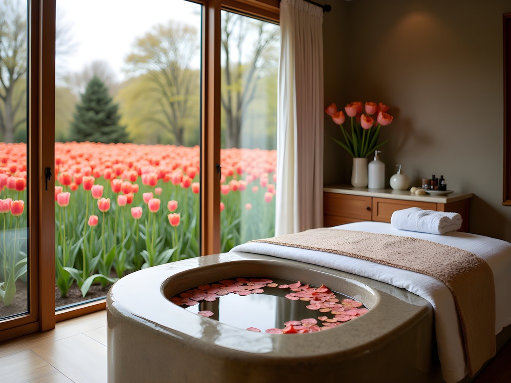 Elegant spa treatment room with tulip-infused bath and treatment products overlooking private garden with tulips