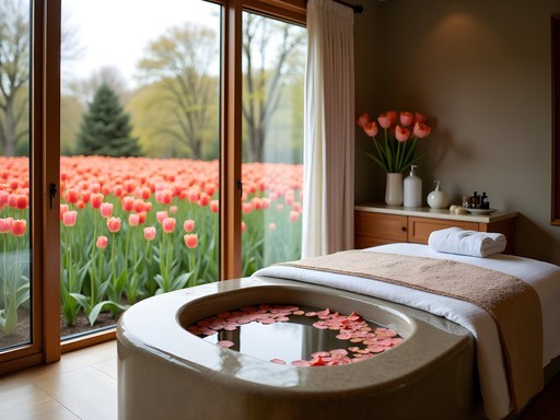 Elegant spa treatment room with tulip-infused bath and treatment products overlooking private garden with tulips