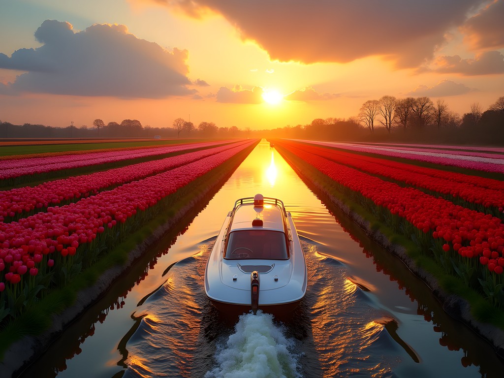 Luxury electric whisper boat gliding through canal with colorful tulip fields on both sides at sunset
