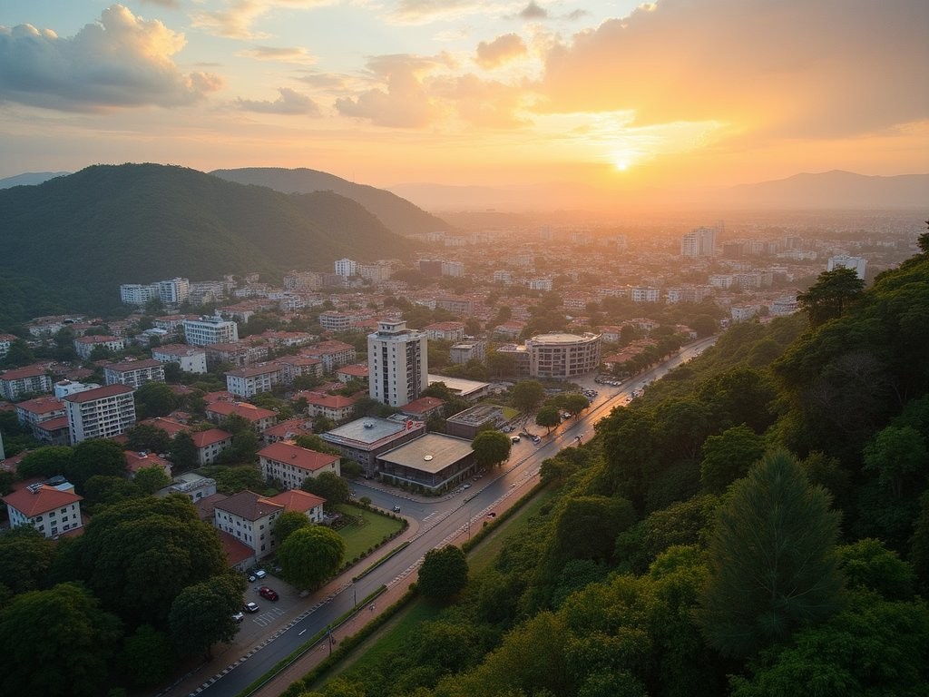 Panoramic view of Kigali city at sunrise with lush green hills