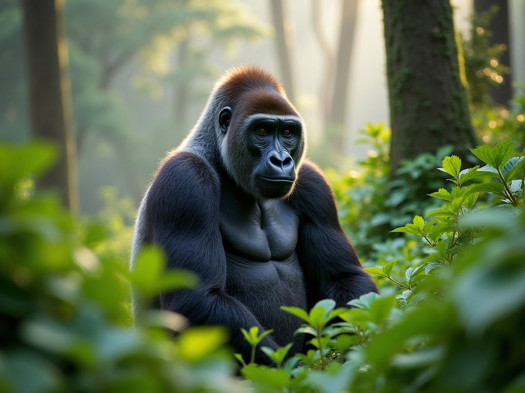 Mountain gorilla silverback in natural habitat at Volcanoes National Park