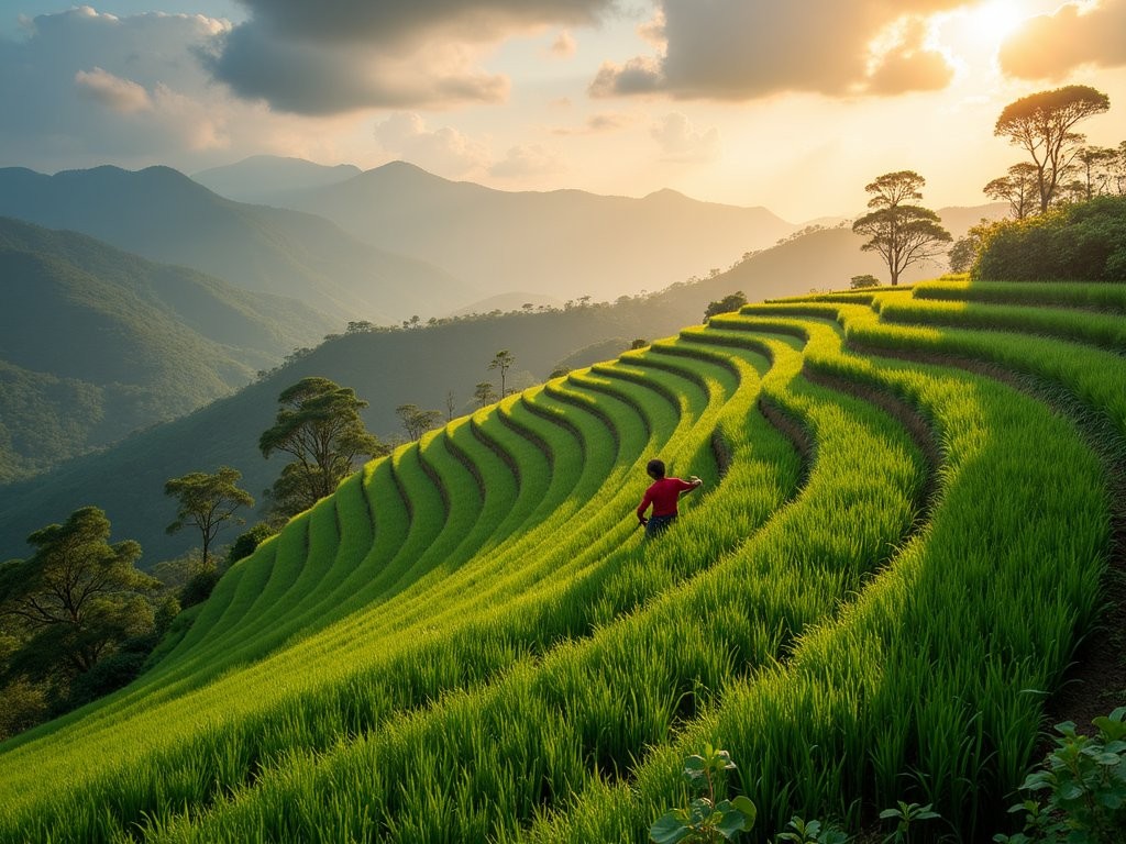 Lush terraced hillsides of Rwanda with traditional farming practices