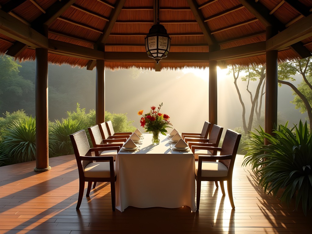 Exclusive breakfast pavilion overlooking the microclimate rainforest section in Kinshasa's Botanical Garden at dawn