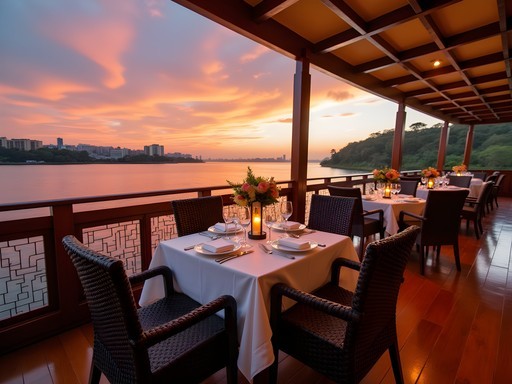 Elegant private dining setup on the upper deck of a restored wooden vessel cruising the Congo River at sunset