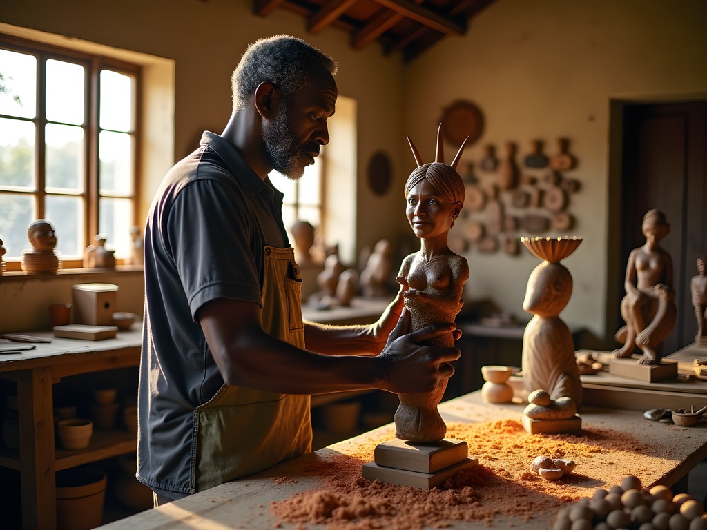 Master Sculptor Makala working with traditional and contemporary techniques in his Kinshasa studio with a visitor observing