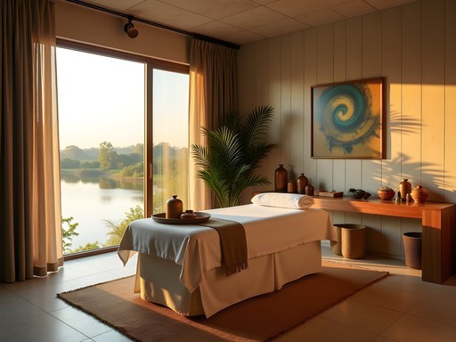 Luxury treatment room at the Wellness Sanctuary featuring panoramic Congo River views and indigenous materials