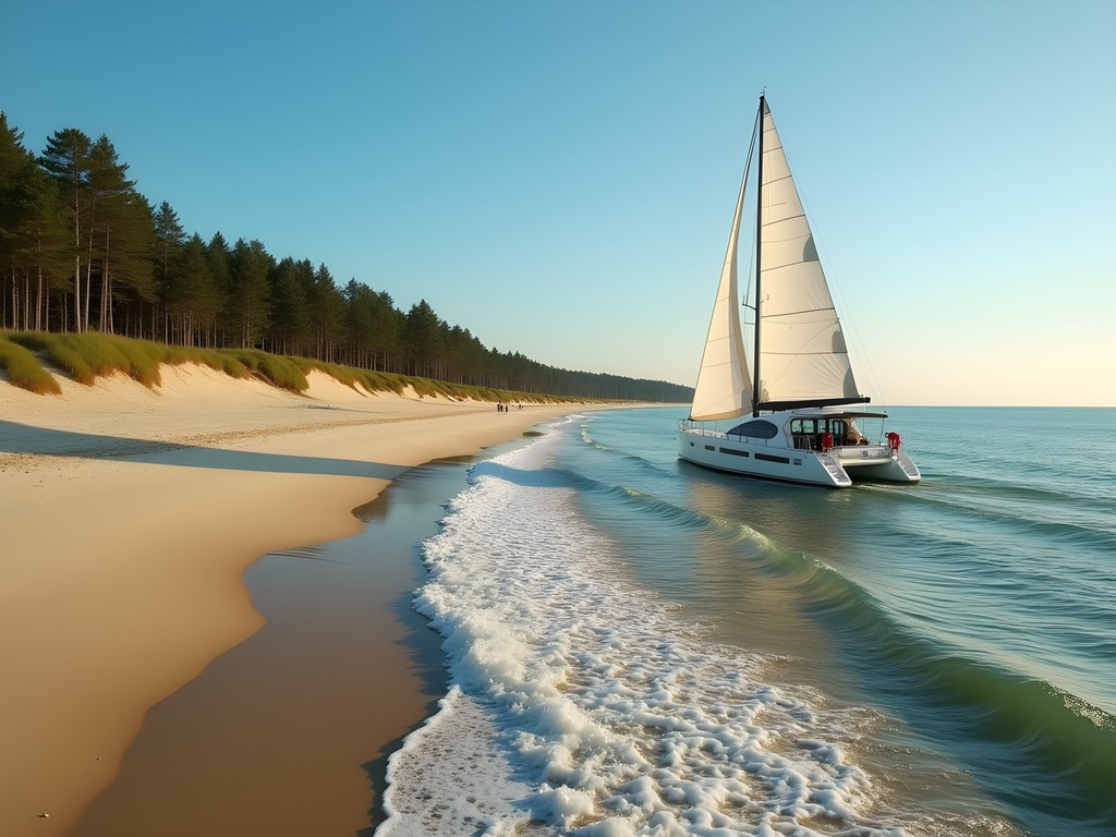 Private yacht excursion approaching the pristine beaches of the Curonian Spit near Klaipeda