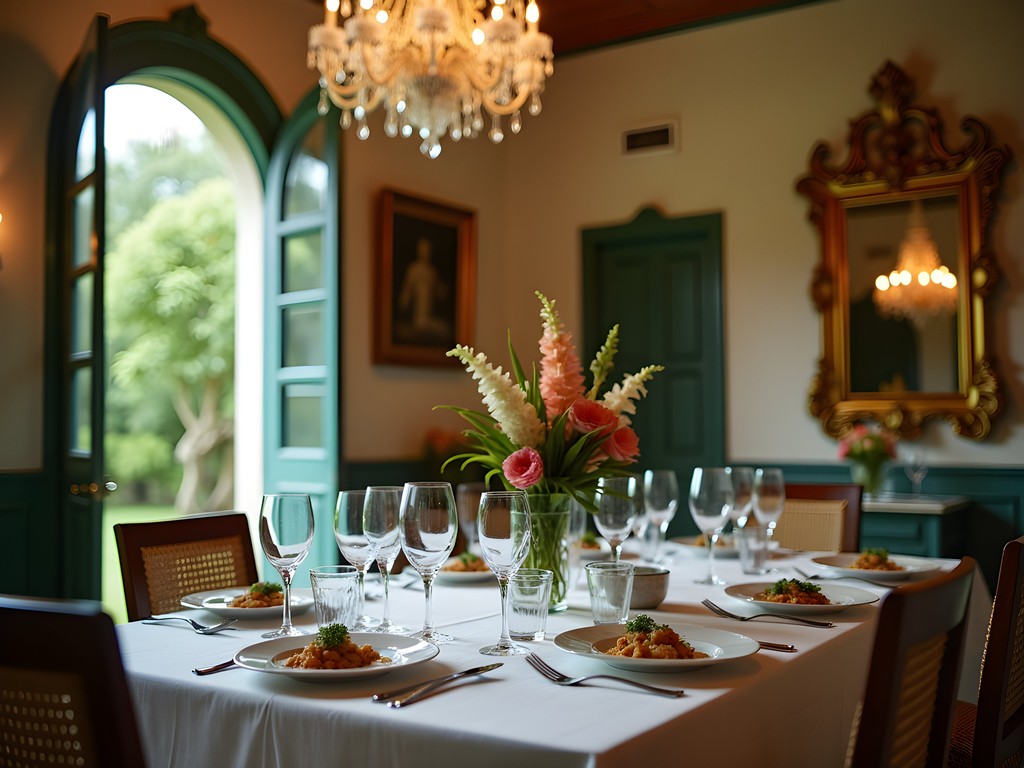 Elegant private dinner in historic colonial mansion with Creole-French fusion cuisine in Kourou