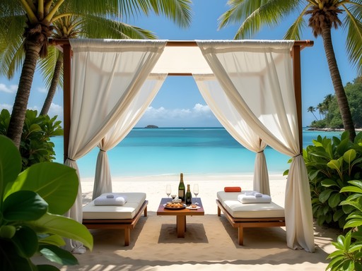 Luxury private beach setup with butler service on secluded Kourou coastline