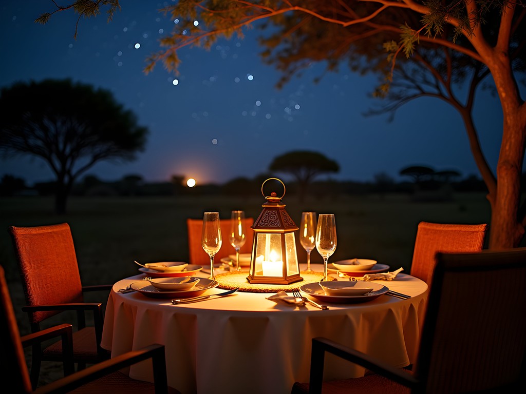 Elegant boma dinner setup under African stars with lanterns and fine dining