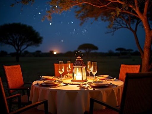 Elegant boma dinner setup under African stars with lanterns and fine dining