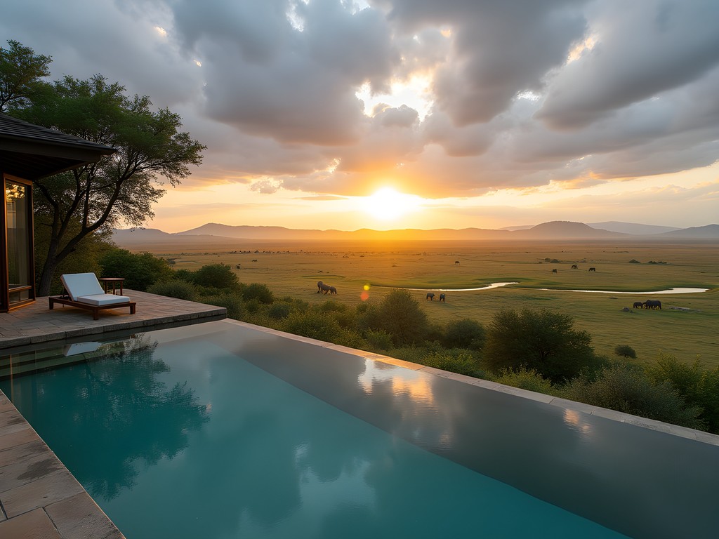 Luxury safari lodge infinity pool overlooking savanna with elephants at waterhole