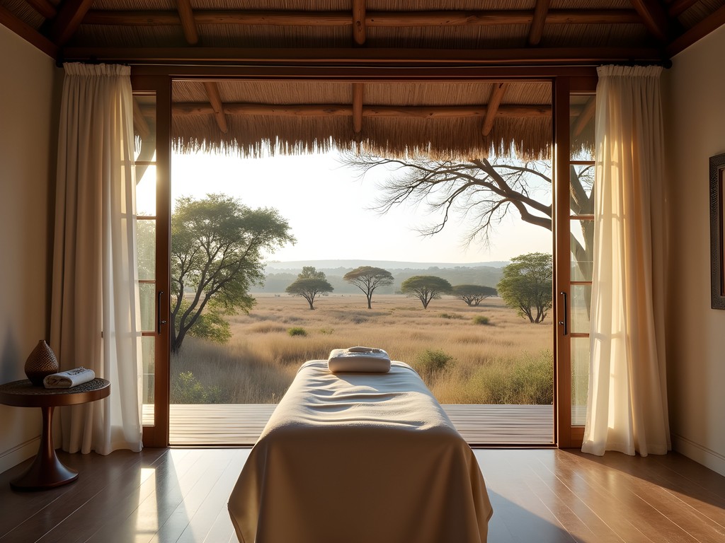 Open-air spa treatment room overlooking African savanna at luxury safari lodge