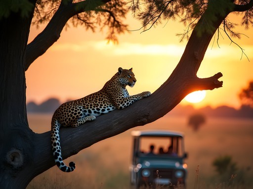 Leopard resting on tree branch during exclusive private game drive in Kruger