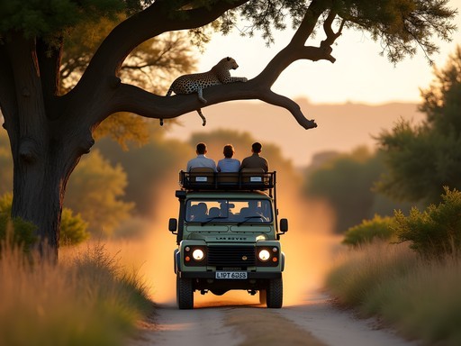 Private luxury safari vehicle approaching leopard in tree in Sabi Sands
