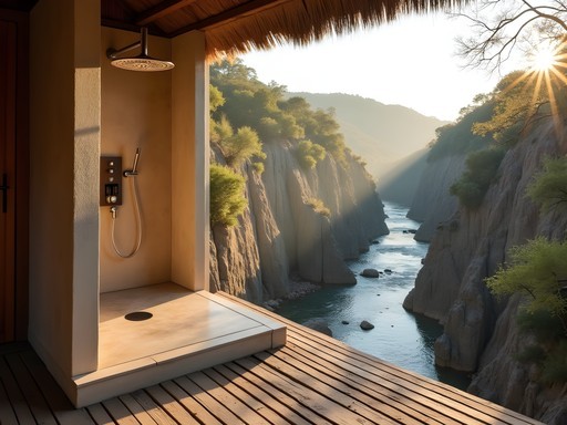 Outdoor shower suspended over riverbed at Singita Lebombo luxury safari lodge