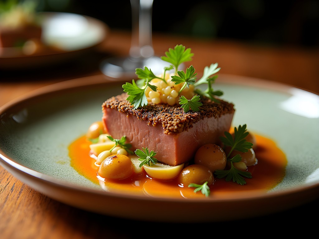 Elegantly plated bush tucker dish featuring native Australian ingredients at upscale Darwin restaurant