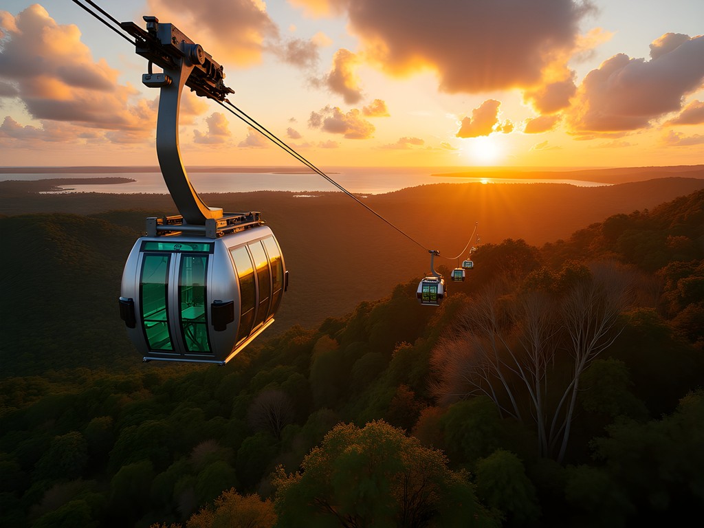Luxury private cable car gliding over Darwin's diverse ecosystems at sunset with Arafura Sea in background