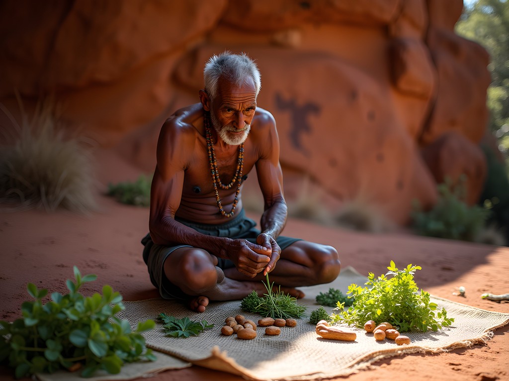 Indigenous elder sharing traditional plant knowledge in remote Kakadu setting with ancient rock art visible