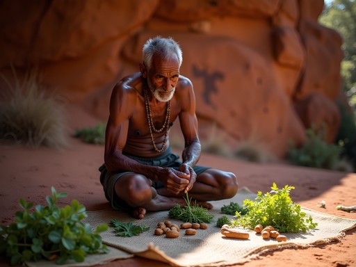 Indigenous elder sharing traditional plant knowledge in remote Kakadu setting with ancient rock art visible