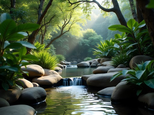 Secluded meditation space in private Malaysian healing garden with water features and tropical medicinal plants