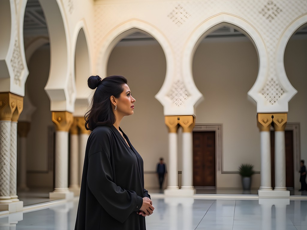 Travel writer exploring Grand Mosque courtyard in Kuwait City