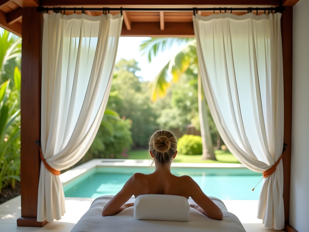 Travel blogger Helen Hunt enjoying a luxury outdoor spa treatment in La Romana