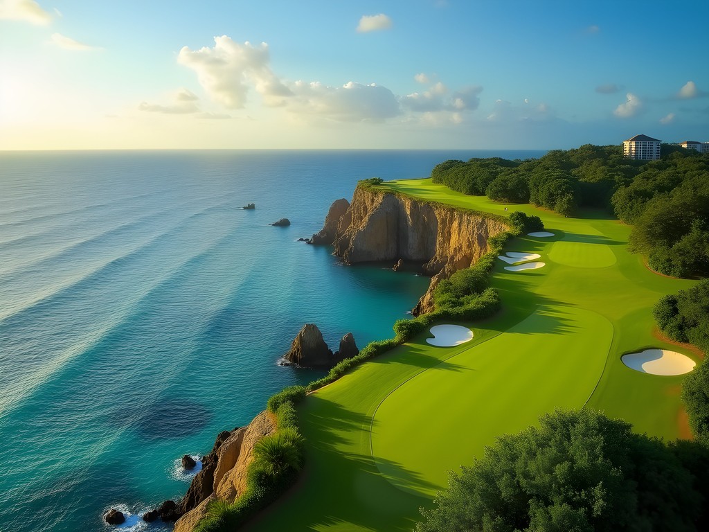 Spectacular ocean view from the famous 5th hole at Teeth of the Dog golf course in La Romana