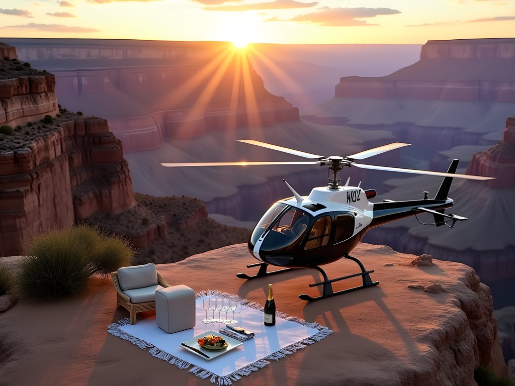 Luxury helicopter landed in Grand Canyon with champagne picnic setup