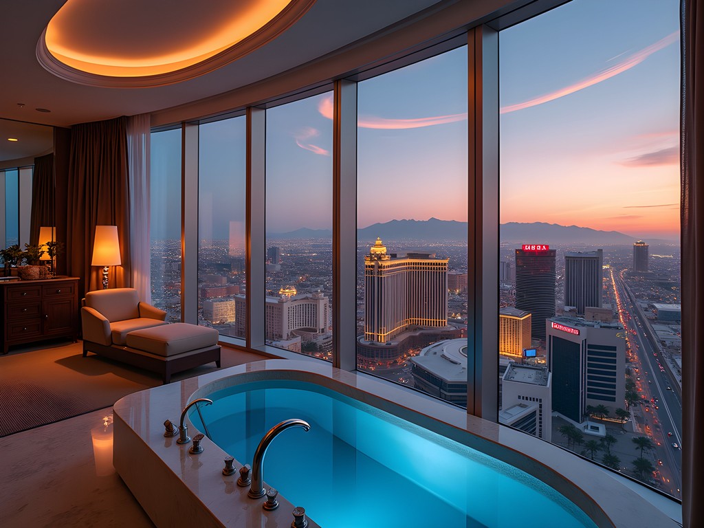 Panoramic view of Las Vegas Strip from MGM Grand Skyloft suite at sunset
