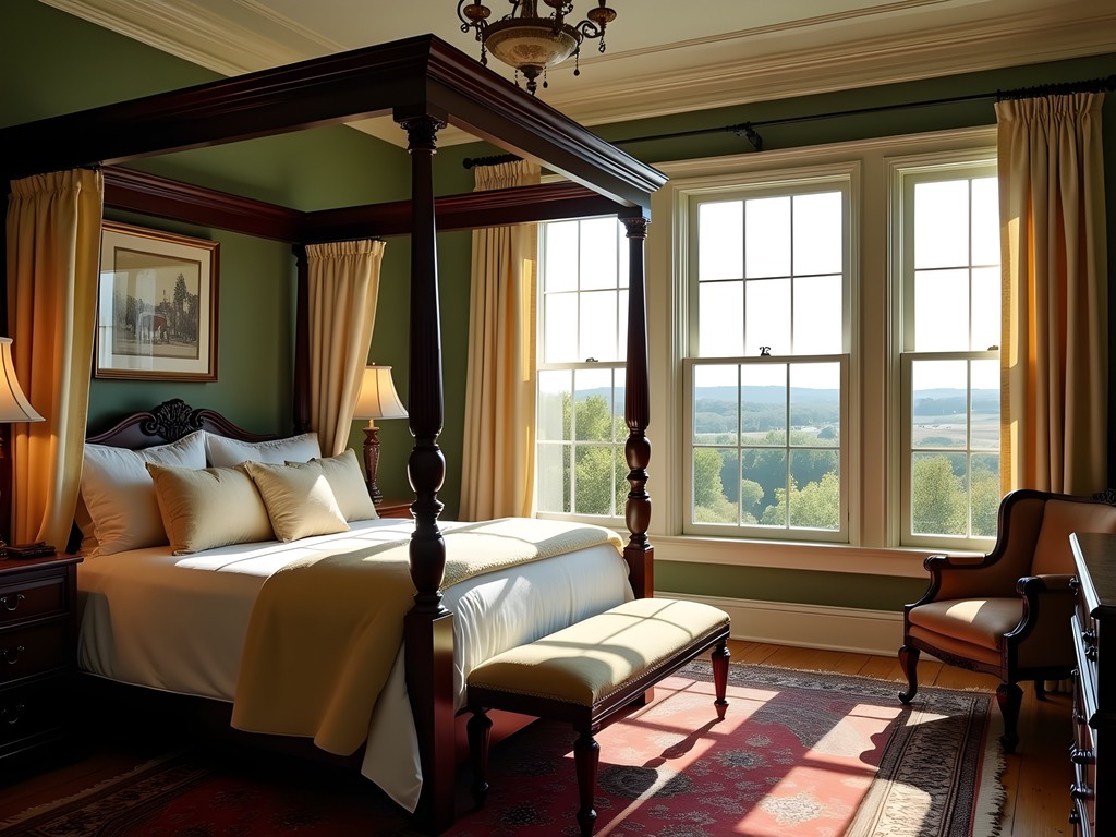 Elegant suite at a historic Kentucky estate with equestrian decor and countryside views