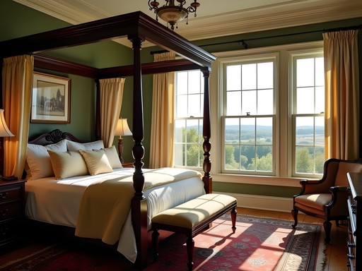 Elegant suite at a historic Kentucky estate with equestrian decor and countryside views
