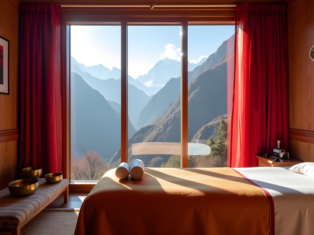Luxury Tibetan spa treatment room with panoramic Himalayan views and traditional healing elements