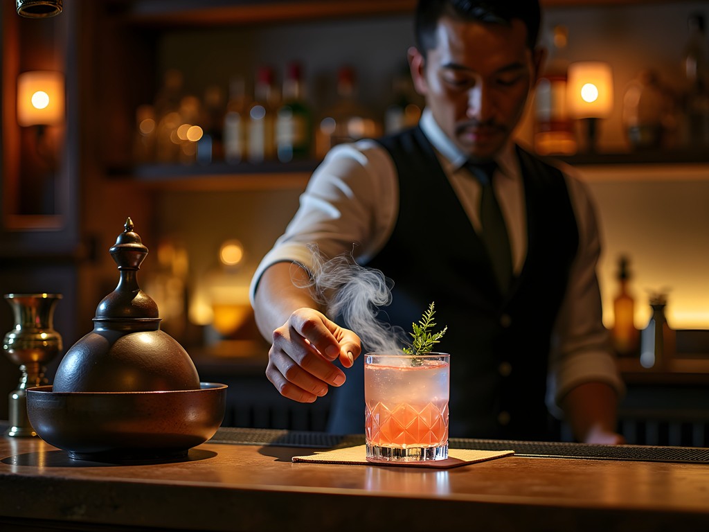 Luxury Tibetan speakeasy with traditional elements and modern cocktail preparation