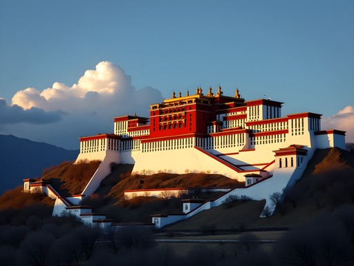 Exclusive dawn view of Potala Palace with first light illuminating the red walls against Himalayan backdrop