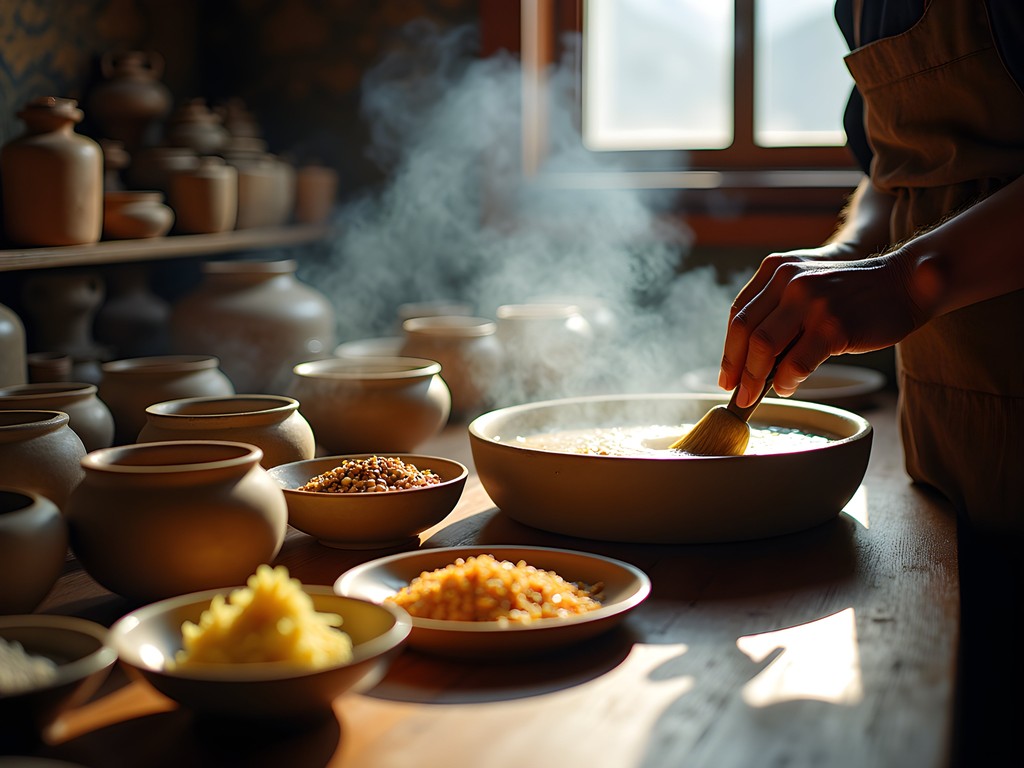 Traditional Tibetan fermentation workshop with ceramic vessels and altitude-specific tools
