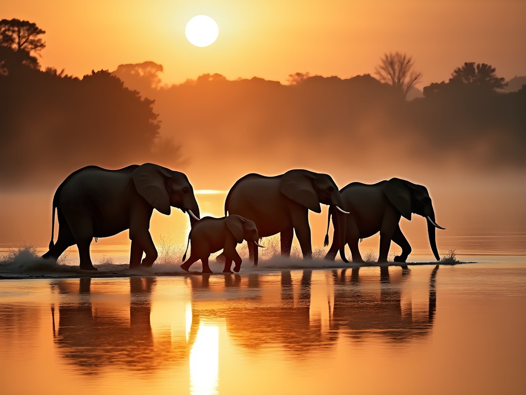 Elephant family crossing Zambezi River at sunset with golden light reflecting on water