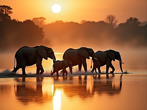 Elephant family crossing Zambezi River at sunset with golden light reflecting on water