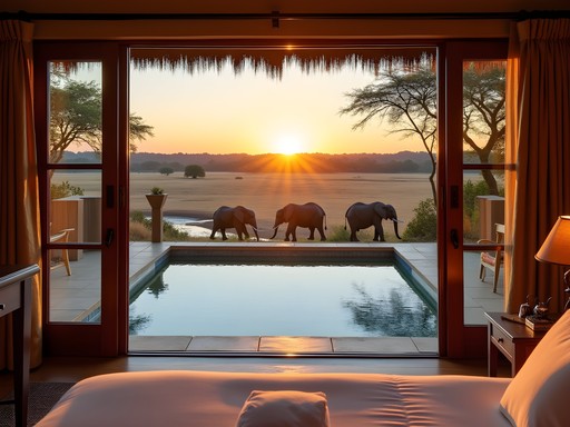 Luxury river suite with private plunge pool overlooking Zambezi River at sunset