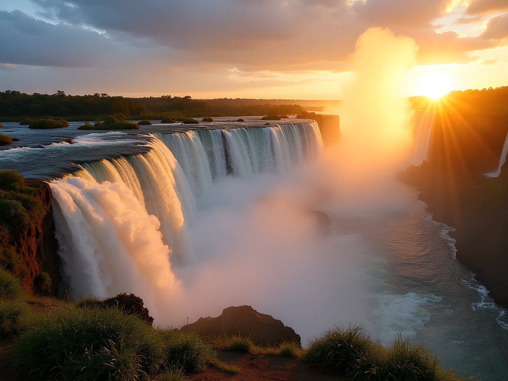 Victoria Falls at sunrise with rainbow forming in the mist