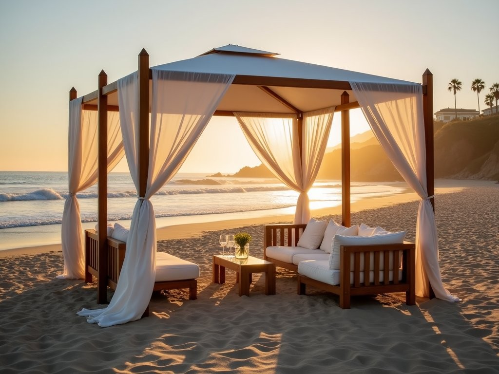 Exclusive private beach setup in Malibu with luxury amenities