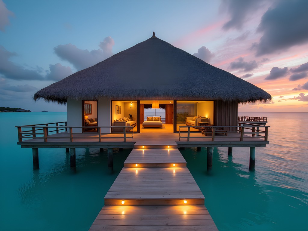 Luxury sustainable overwater bungalow with private deck at sunset in the Marshall Islands
