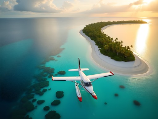 Luxury seaplane landing on pristine turquoise waters of Majuro Atoll