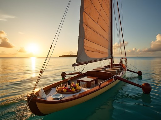 Traditional Marshallese outrigger canoe sailing across lagoon at sunset with luxury picnic setup
